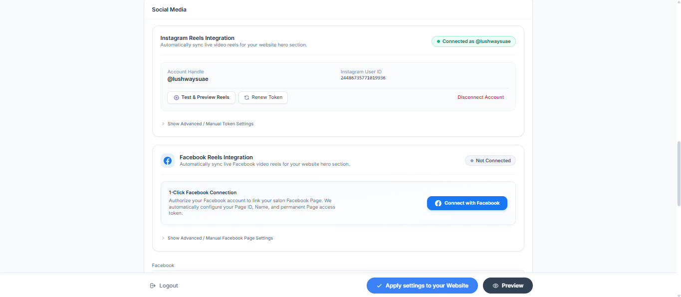 Social Media Reels Integration in Theme Settings